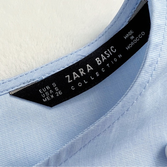 Zara Basic Bell Sleeve Pearl Embellished Poplin Blouse Swing Top Small Blue - Picture 12 of 16